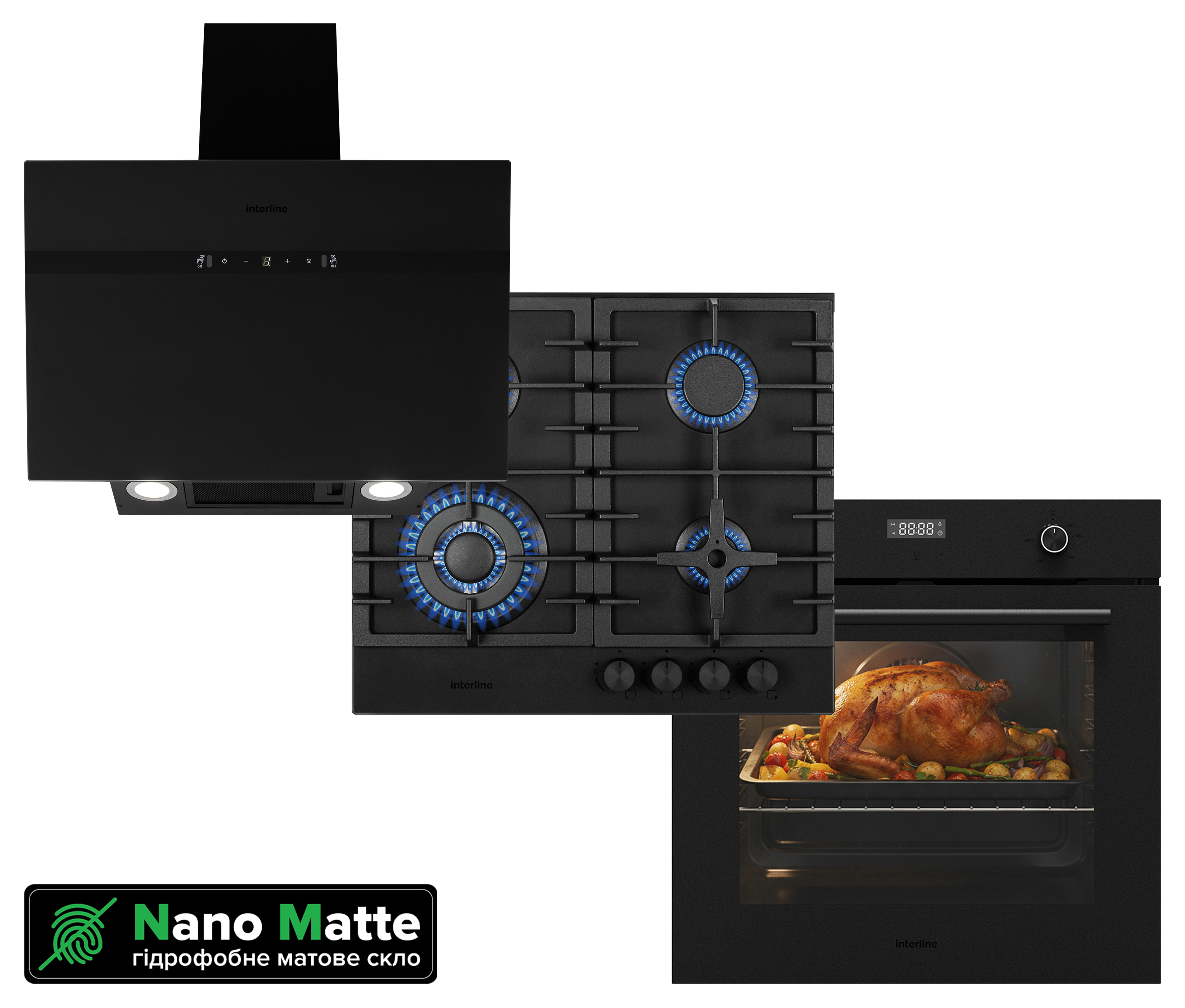 Комплект Interline Поверхня HGG 964 FGT BH Nano Matte + Духовка OEG 781 ETR BA Nano Matte +Витяжка STREAM MATT BL A/60/GL/M - 1