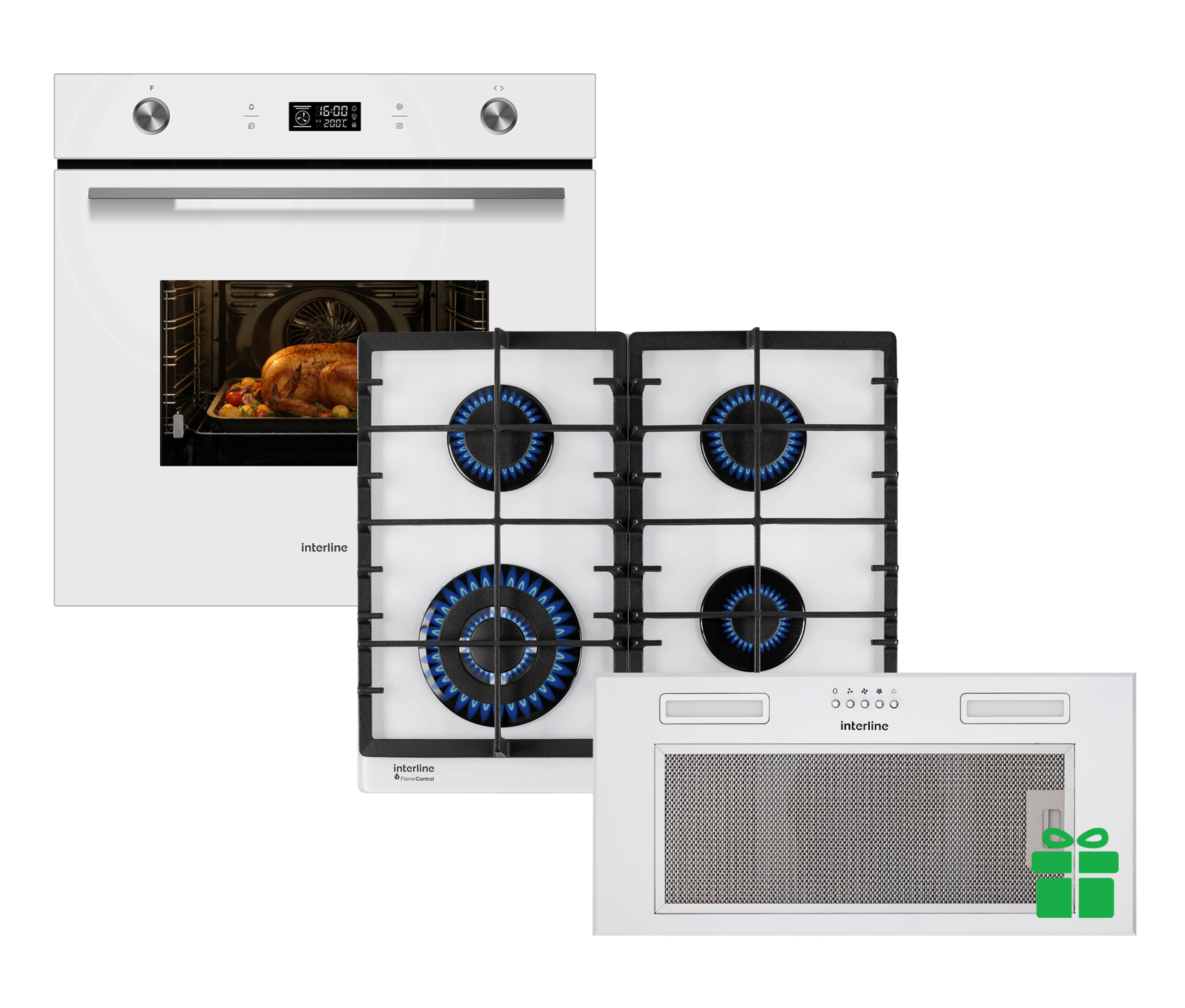 Комплект Духова шафа Interline OEG 592 ETC WA+ Поверхня газ Interline HGG 763 FGT WM FLAME = Вбудована Витяжка SMART S WH A/60/T у подарунок - 1