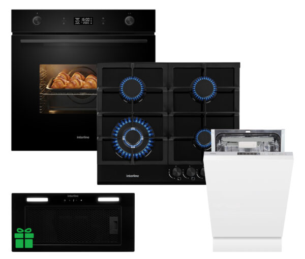 Комплект Духовка Interline OEG 592 ETW BA+Поверхня газ Interline HGG 764 FGT BA+Посудомийна машина  Interline DWI 760 DSV WA=Витяжка LINE SENS A/60 GL/PB  у подарунок - 1