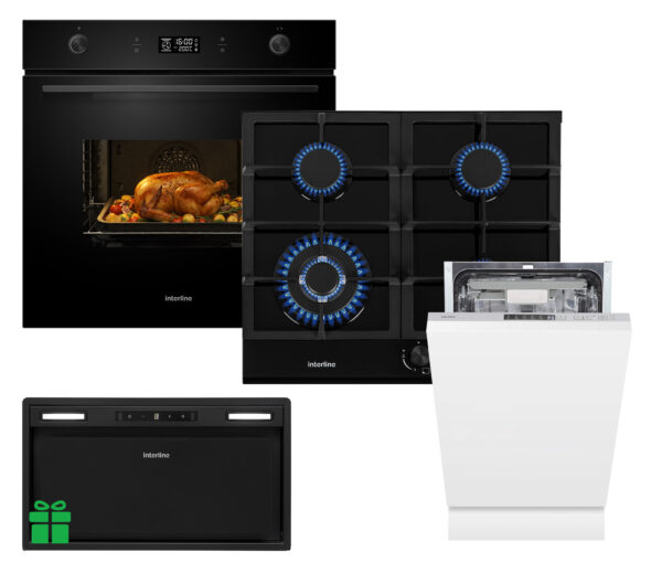 Комплект Духовка Interline OEG 592 ETW BA+Поверхня газInterline HGG 764 FGT BA+ Посудомийна машина Interline DWI 549 BSA  GA=Витяжка BOXGLASS BL A/60 PB/2/T/2  у подарунок - 1