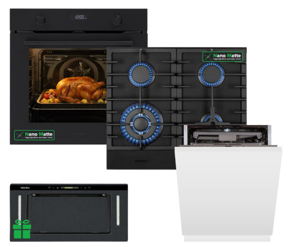Комплект Духовка Interline OEG 781 ETR BA Nano Matte+Поверхня газ Interline HGG 964 FGT BH Nano Matte + Посудомийна машина Interline DWI 965 DSO WA  =Витяжка JOLLY BL A/60/GL/K Nano M  у подарунок - 1