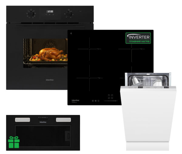 Комплект Духовка Interline OEG 581 ECR BA+Поверхня інд Interline HIV 567 SBP BA+Посудомийна машина Interline DWI 345 TSA GA++ =Витяжка SMART S BL A/60/T у подарунок - 1